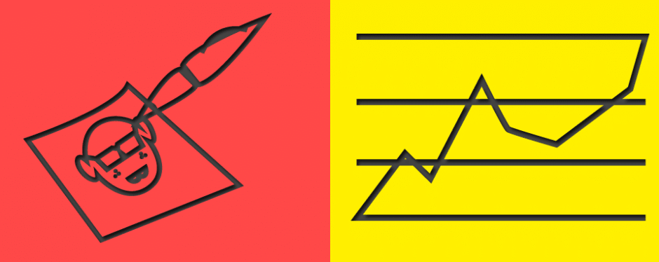 Red square with a character drawing on paper with a pen and a yellow square with a line graph.
