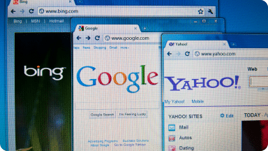 Search engines Bing, Google and Yahoo browser tabs
