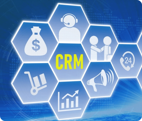 CRM network with different icons in honeycomb shapes.