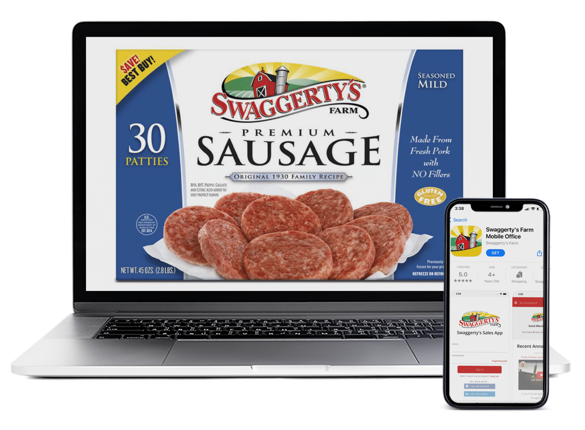 Swaggerty's Sausage custom app displayed on a smart phone with the website displayed behind it on a laptop.