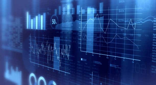 close-up view of financial graphs, bar, circle and line charts