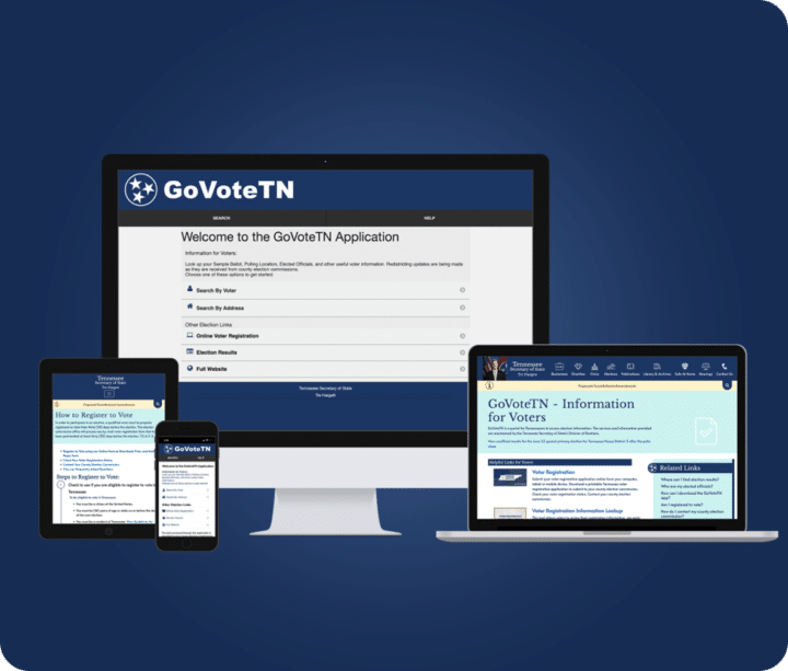 GoVoteTN webpage and app page examples on various devices.