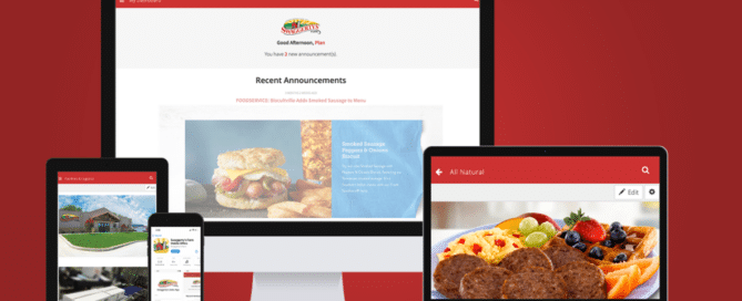 Swaggerty's Sausage Loyalty app pages across various devices.