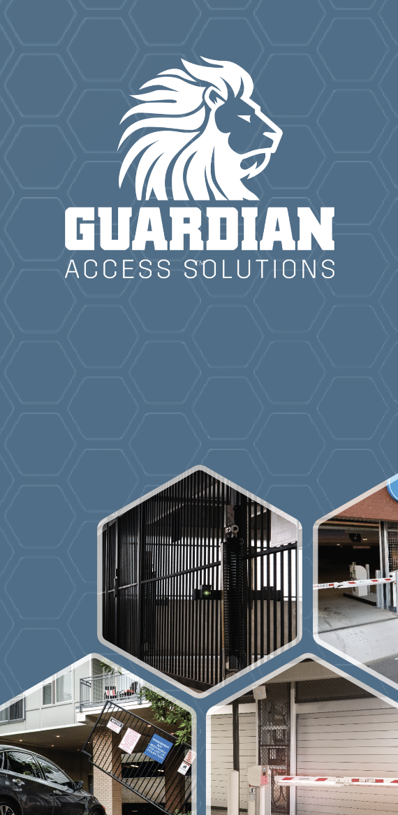 Guardian Access Solutions in white font with a lion head and several pictures of gates and security solutions.