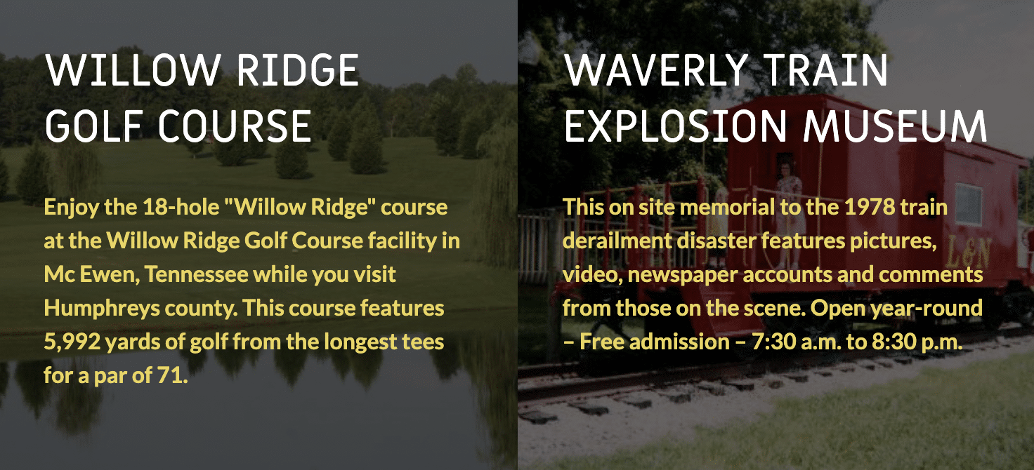 Humphrey's County website information graphics for Willow Ridge Golf Course and Waverly Train Explosion Museum.