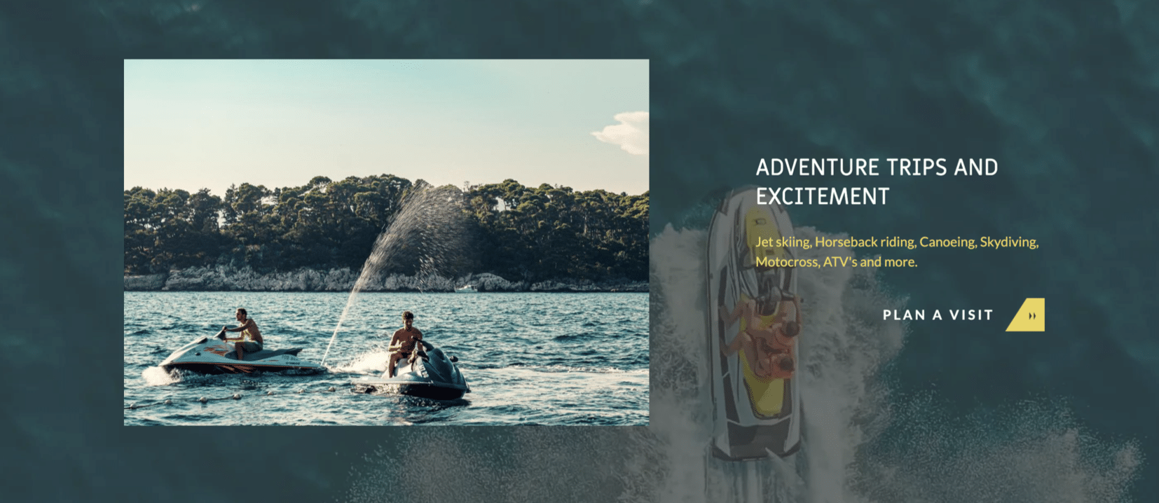 Humphrey's County webpage for Adventure Trips and Excitement with image of two people on jet skis.