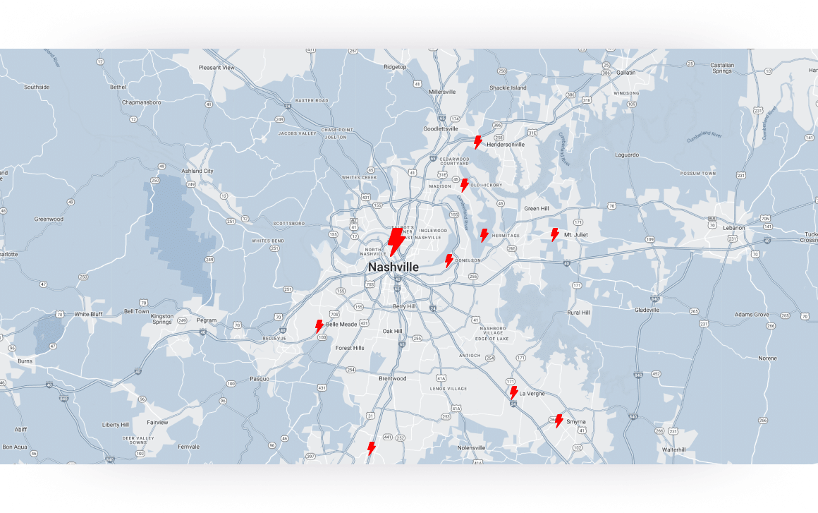 Map of Nashville, TN and outlying towns with red lightening strikes above various locations.
