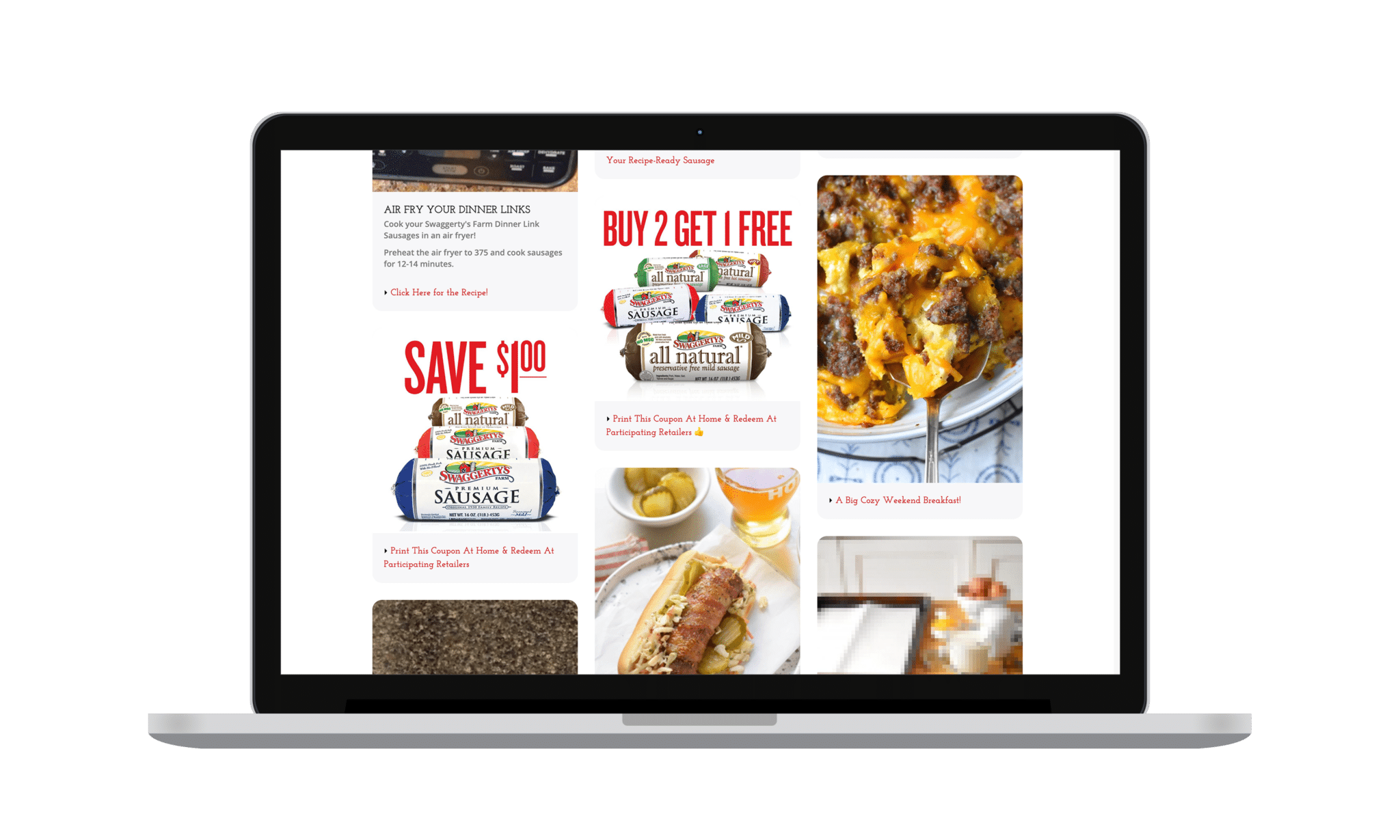 Swaggerys Sausage loyalty hub webpage with digital coupons and recipe examples.