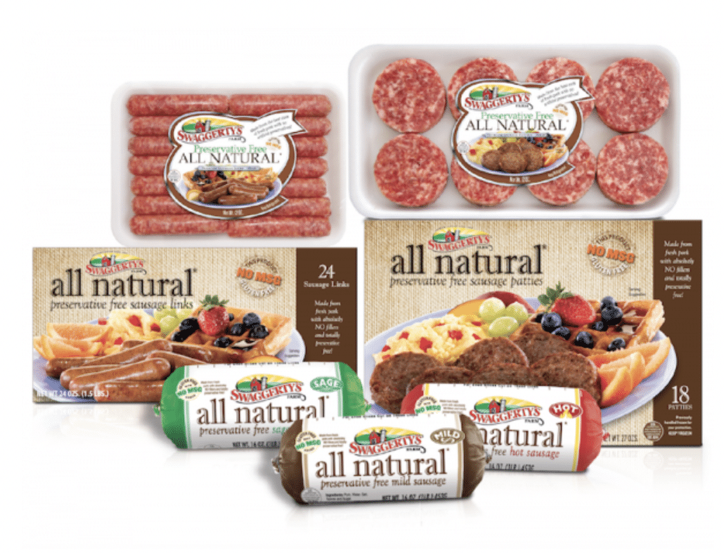 Swaggerty's Sausage products displayed in various packaging.