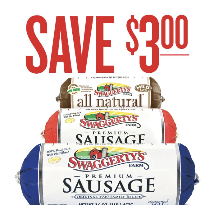 Swaggerty's ground sausage rolls loyalty ad saving three dollars.