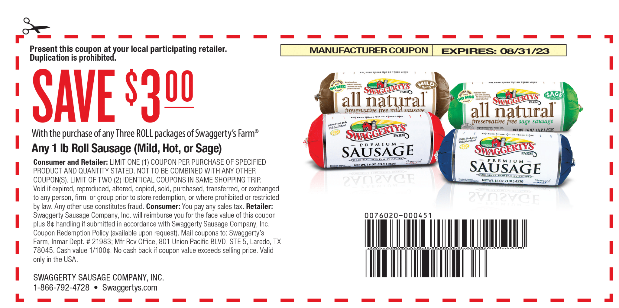 Swaggerty's Sausage Loyalty coupon for three dollars off rolled sausage.