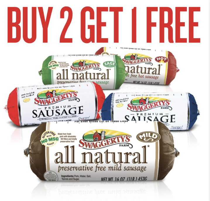 Swaggety's Sausage Loyalty But 2 Get 1 Free with ground sausage images.