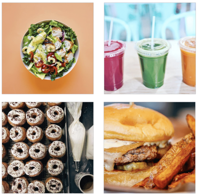 Four squares with a salad, smoothie drinks, donuts, and a burger with fries.