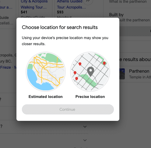 GMB Location Selection Pop Up with two circles and different map examples for Estimated location and Precise location