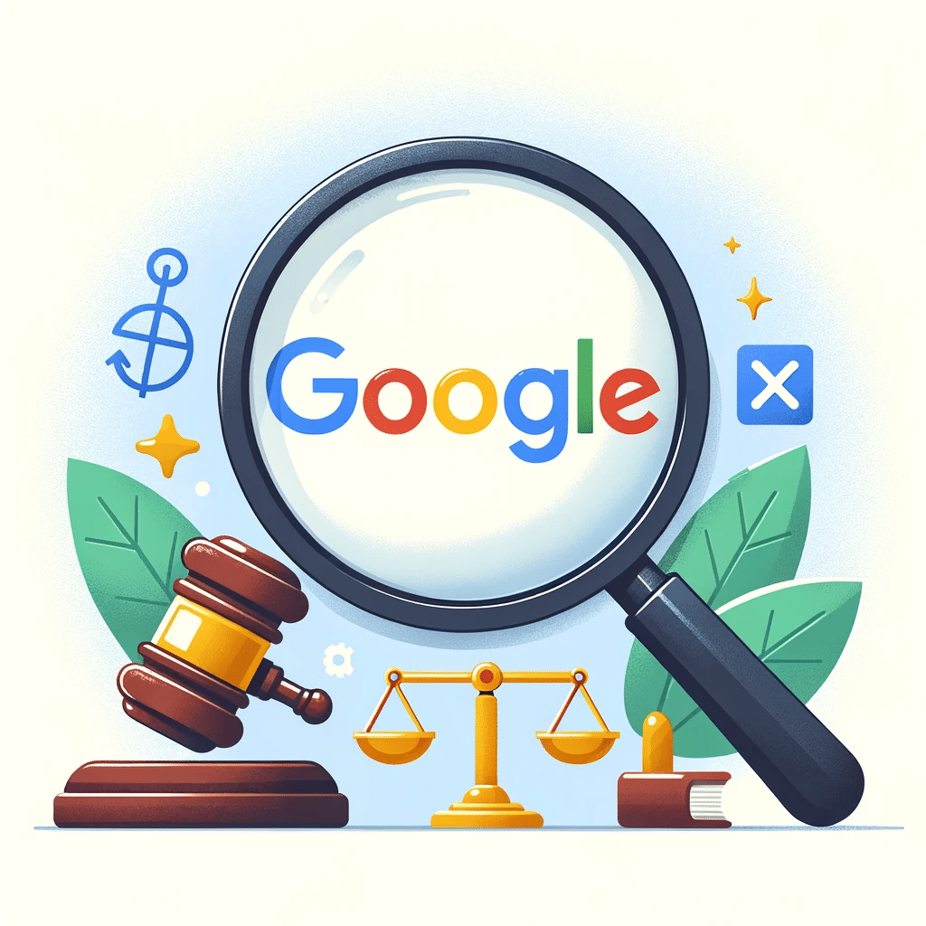 Graphic of a magnifying glass hovering over the Google logo. Underneath the magnifying glass, there are legal icons like a gavel, scales of justice.