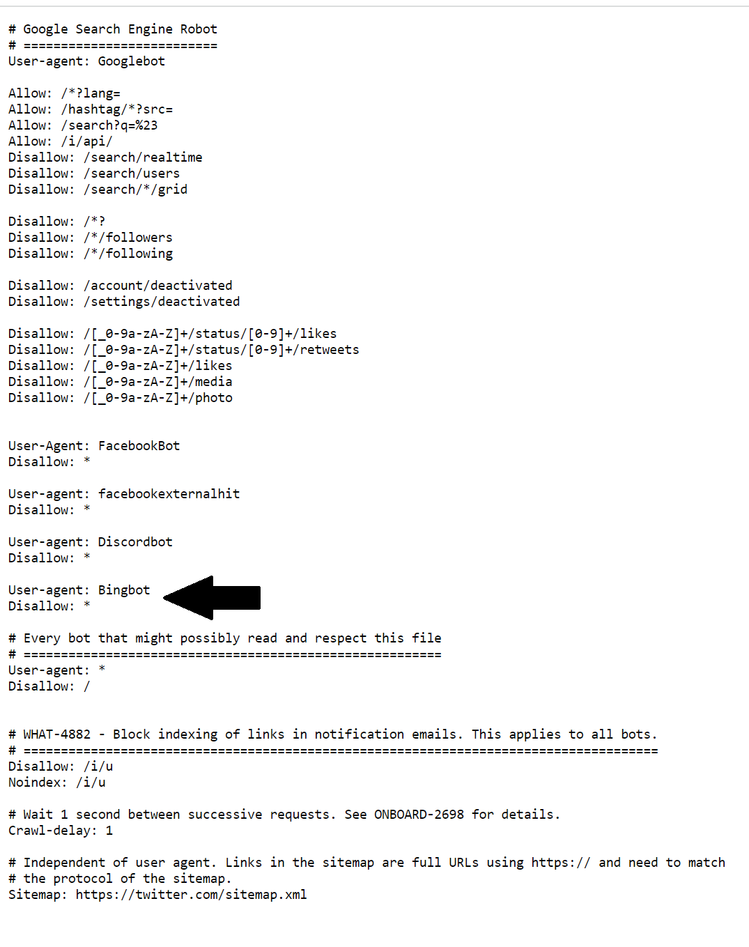 Twitter robots.txt file with an arrow pointing to the disallow text preventing Bingbot from crawling the website.