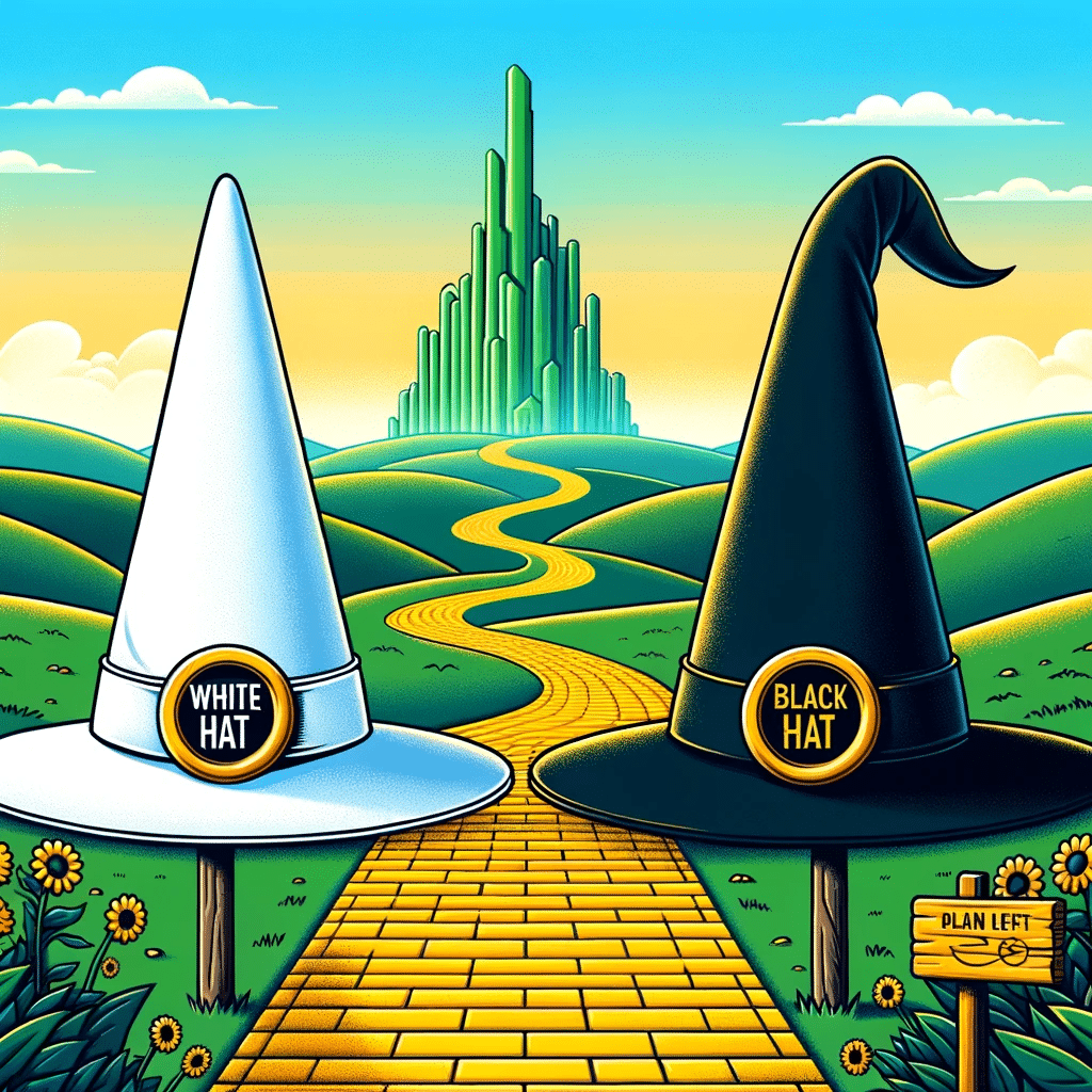 Black Hat and White Hat buckles on witches hats, with a yellow brick road and Wizard of Oz background