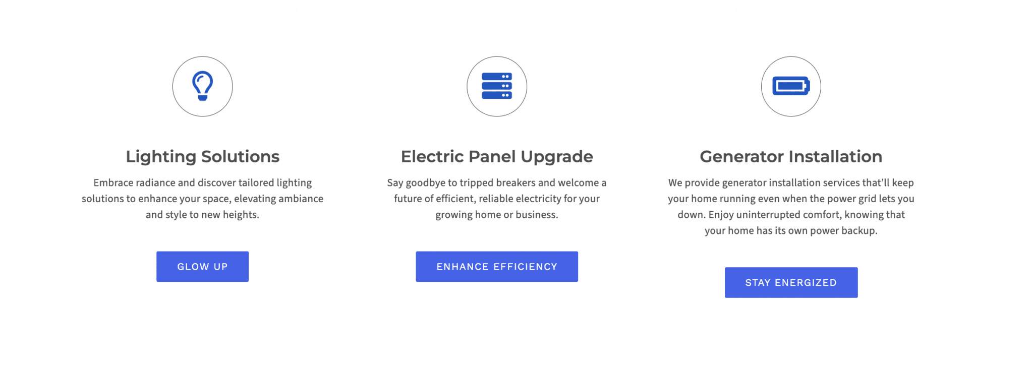 All About Electrical blue and white icons with service content on their website with a white background.
