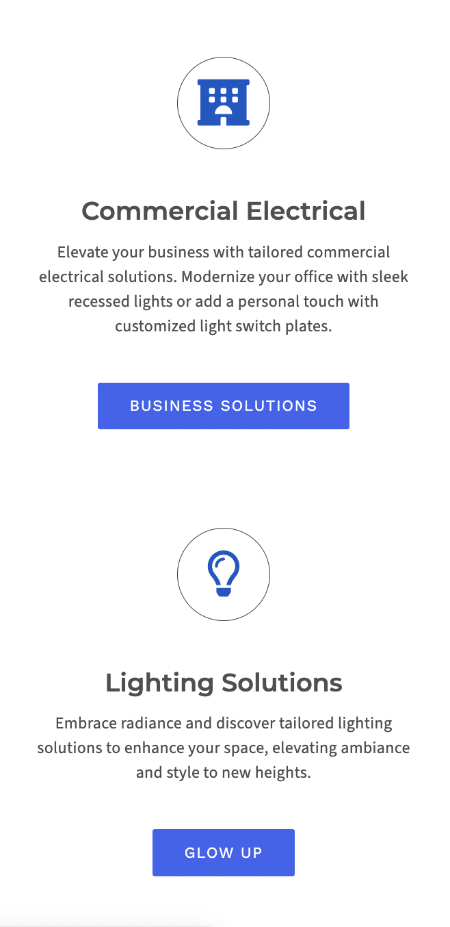 All About Electrical service examples with blue and white icons and buttons on their website.