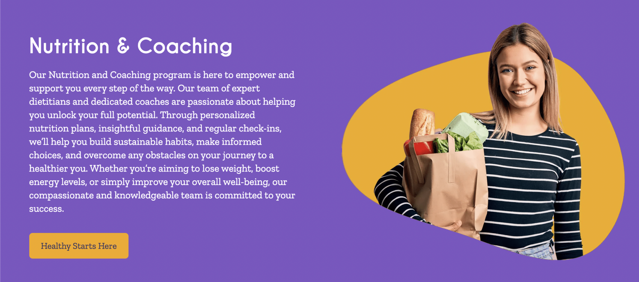 Dietitian Group Nutrition and Coaching webpage with a person standing, holding a paper grocery bag filled with groceries.