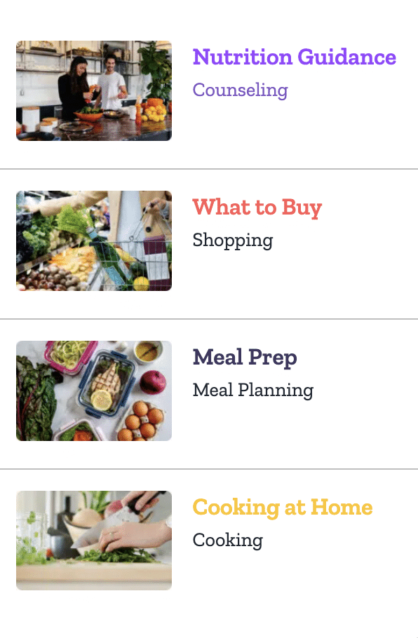 Dietitian Group counseling, shopping, meal planning and cooking menu items.