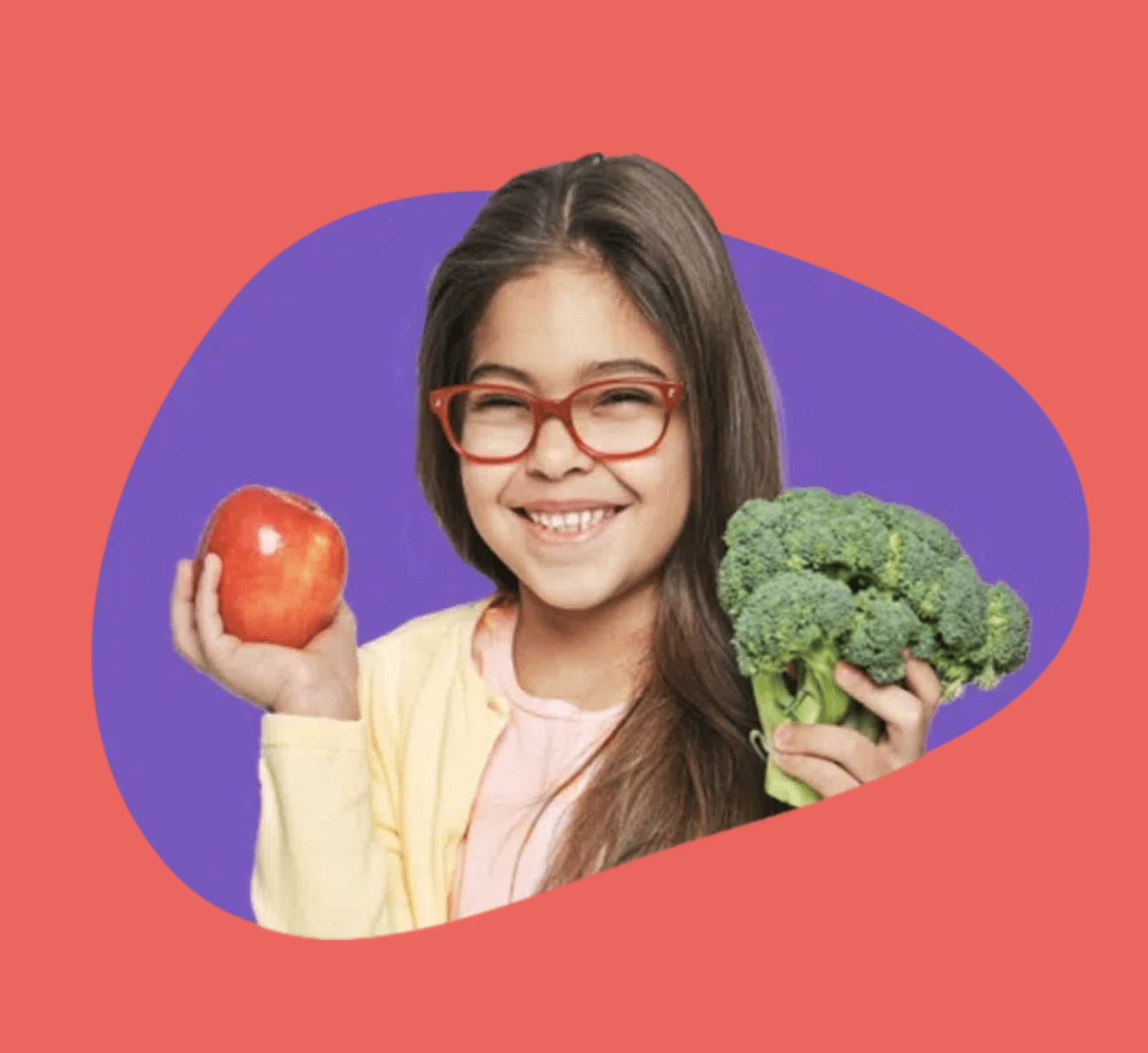 A young person wearing glasses, holds an apple in one hand and broccoli in the other, with a purple background