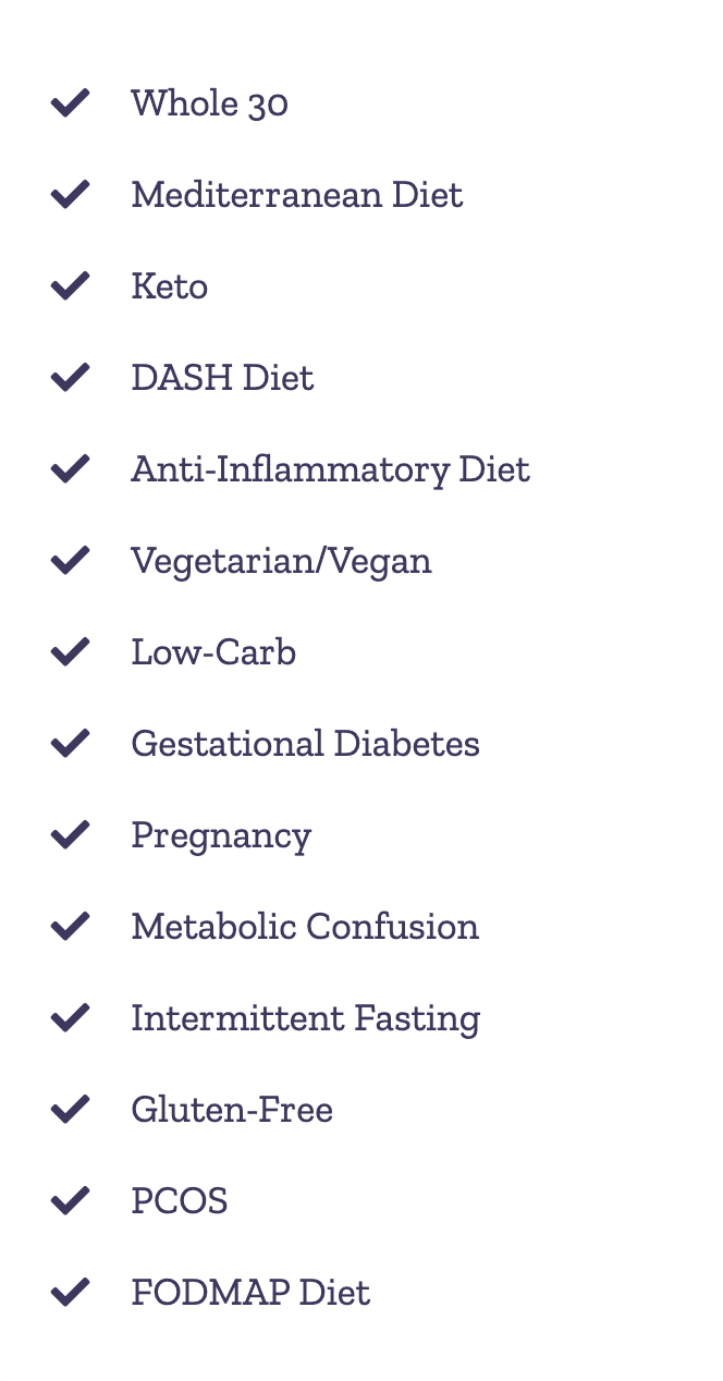 Dietitian Group list of various diet types from Keto to Gluten-Free, to FODMAP.