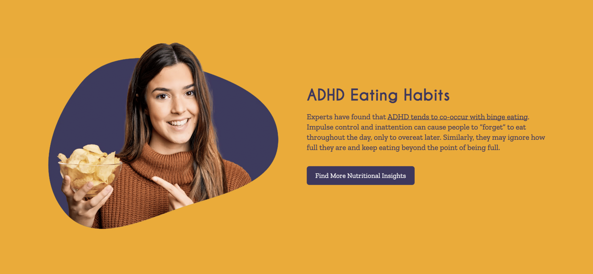 Dietitian Group ADHD Eating Habits webpage with an orange background, person holding a bowl of chips.