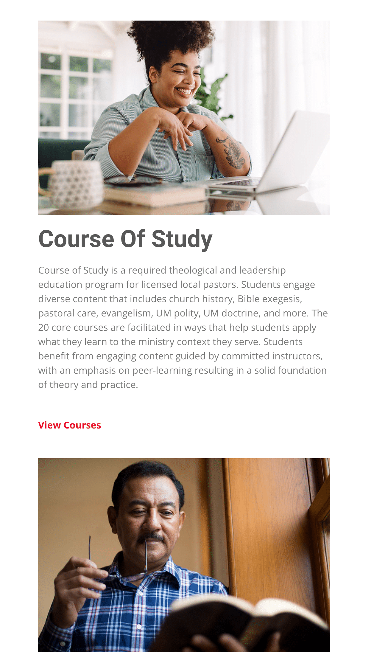 GBHEM webpage for Course of Study with an image of a person smiling at a laptop on the top and a person reading at the bottom.