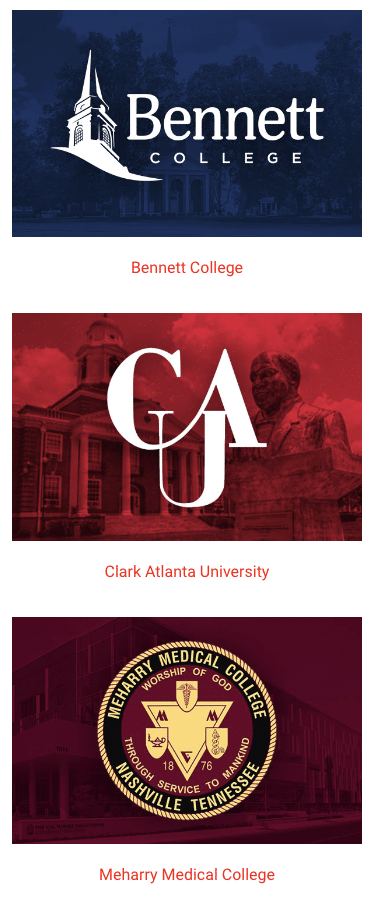 GBHEM college campuses with logos for Bennett College, Clark Atlanta University, and Meharry Medical College.