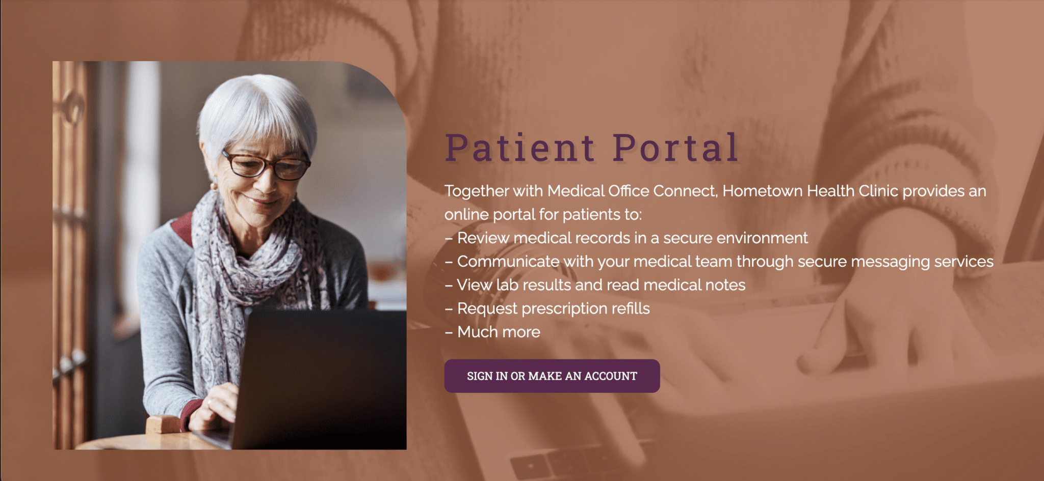 Small square image of a person on a laptop with writing highlighting the Hometown Health Clinic Patient Portal.