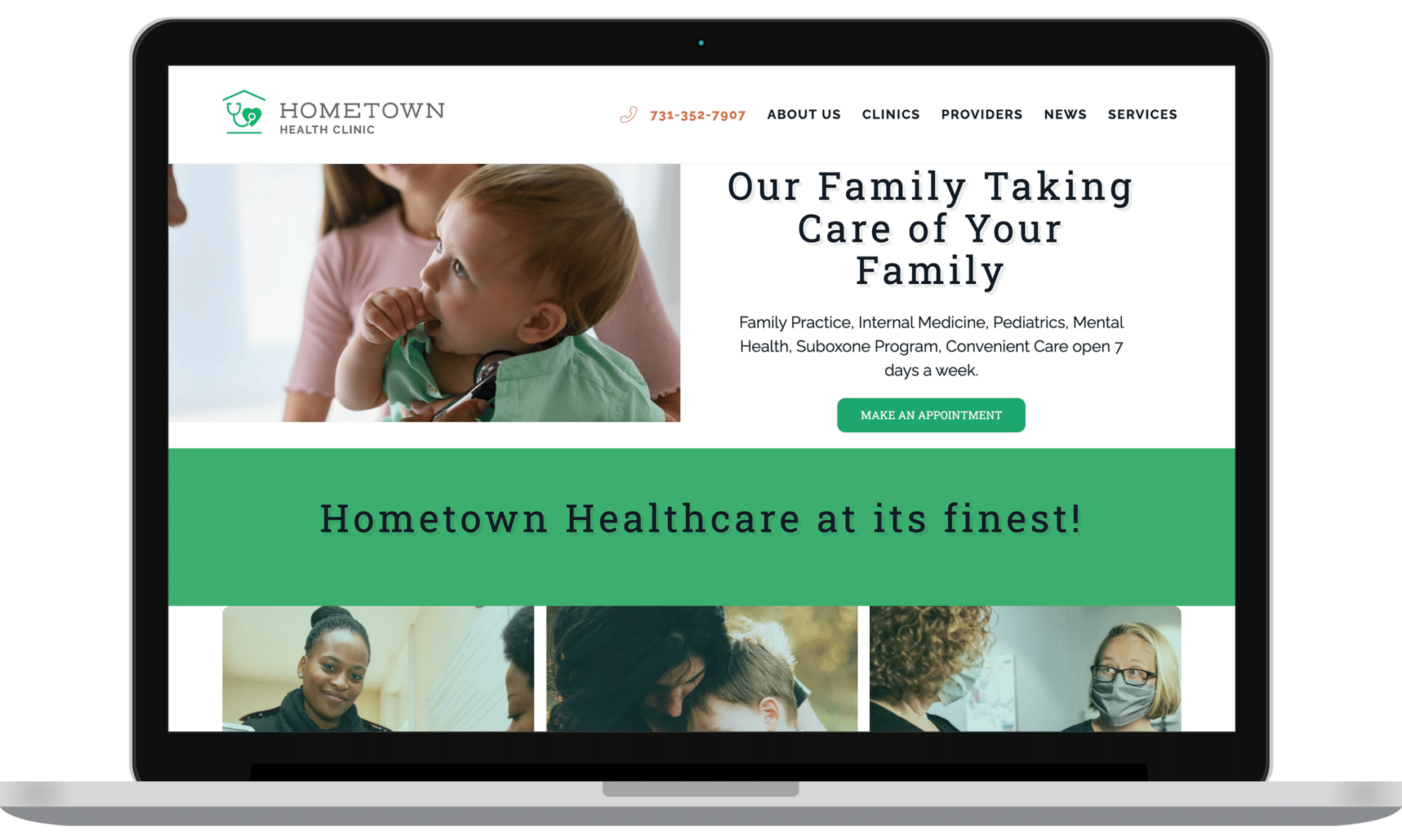 Hometown Health Clinic homepage view on open laptop screen.