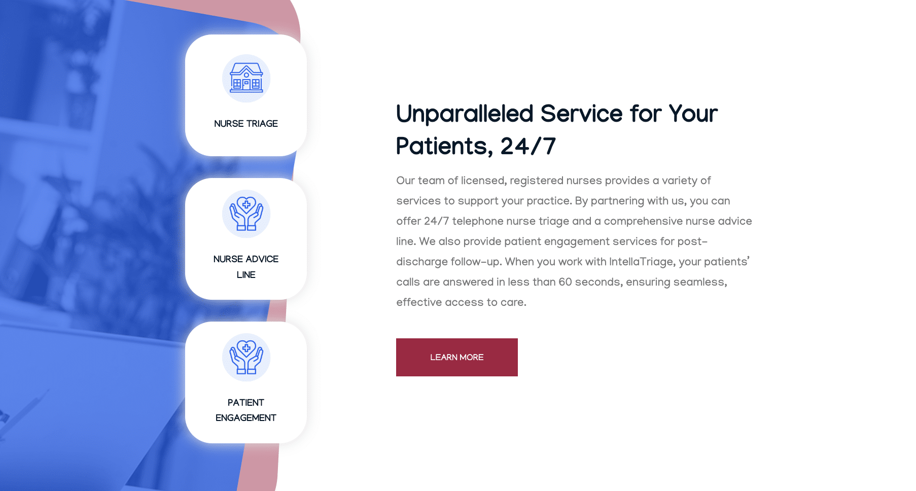 Unparalleled Service for Your Patients, 24/7 webpage content from the IntellaTriage website.
