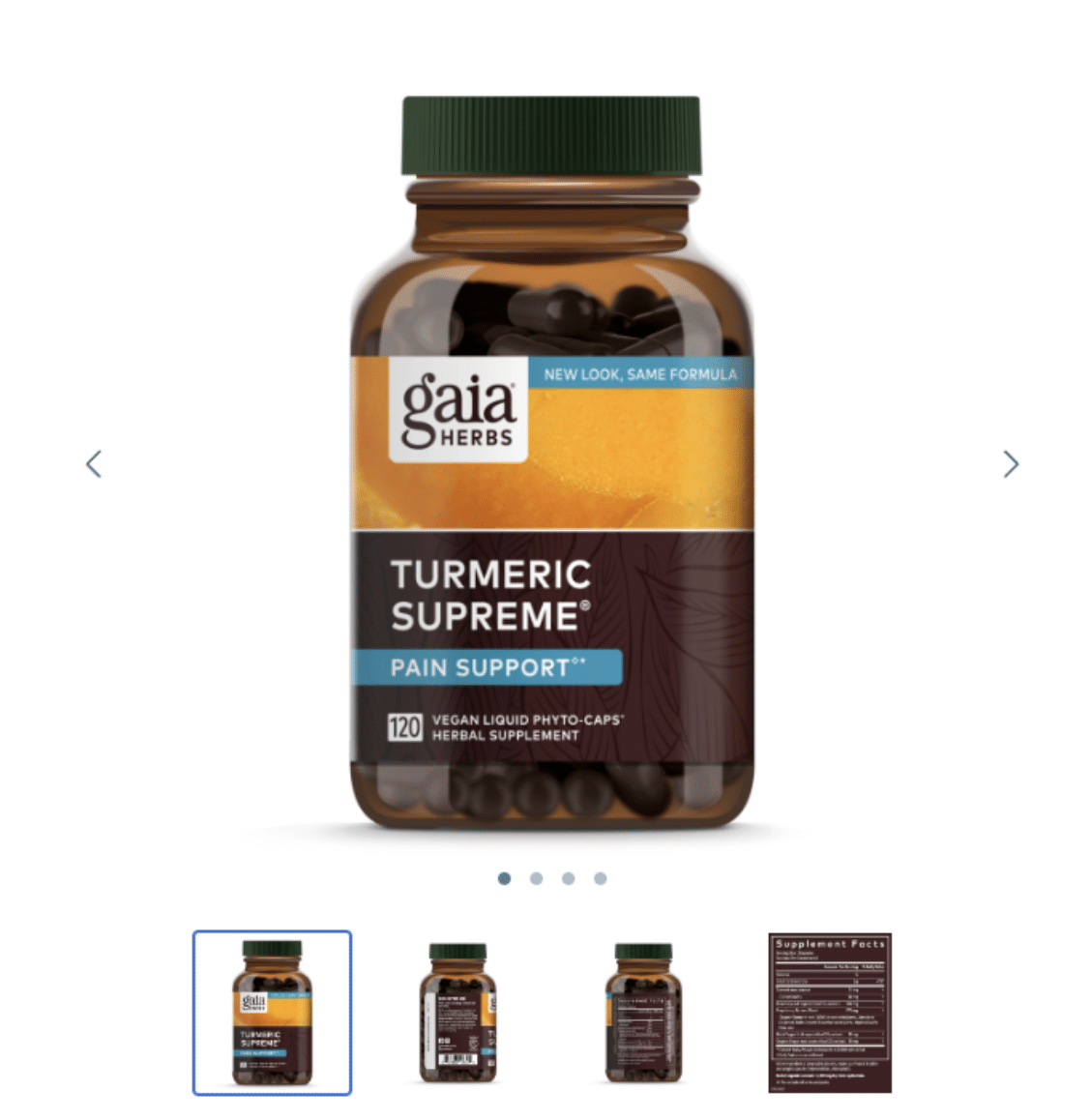 Image view of Medly product, Gaia Herbs Turmeric Supreme Pain Support in a brown bottle with images below of bottle and supplement info.