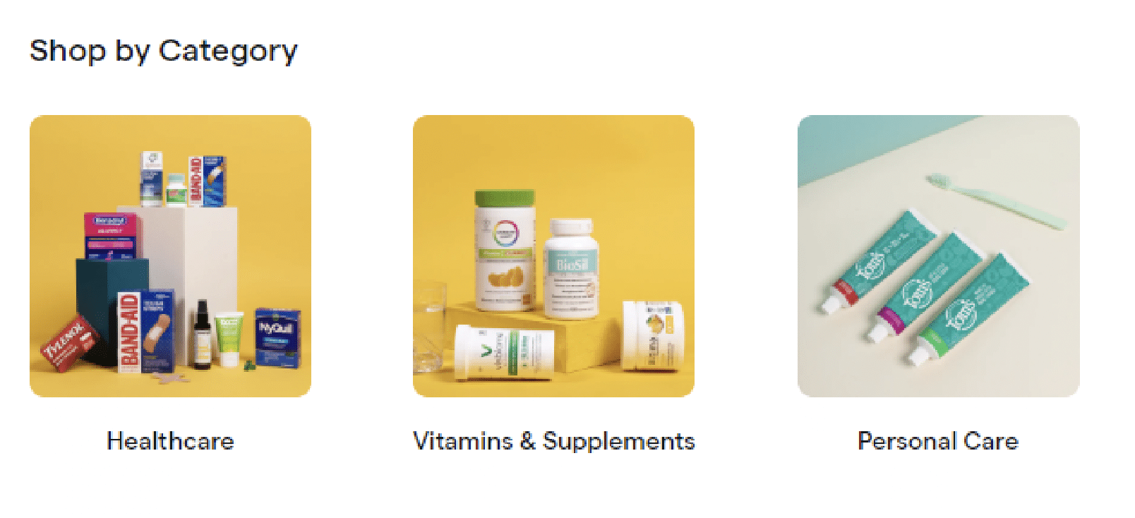 Medly healthcare, vitamins & supplements, and personal care categories with images showing respective products.