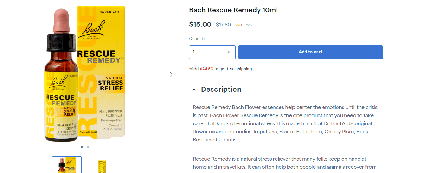 Medly website page for Bach Rescue Remedy with an image of the bottle, price and description.