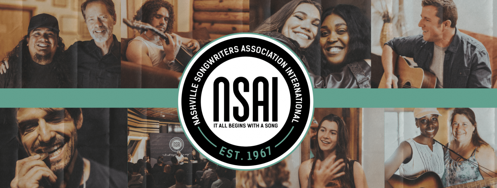 Nashville Songwriters Association International logo in the center of images of singer-songwriters.