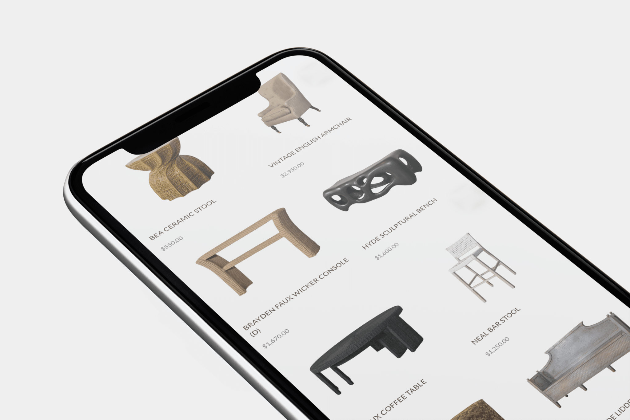 Mobile phone view of the Revival website shopping furniture.