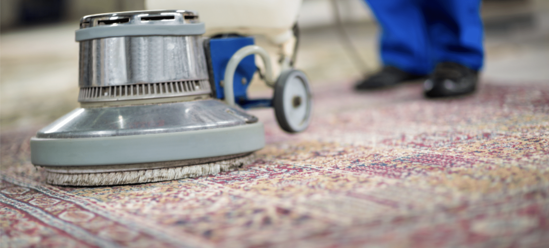 A Step Above rug cleaning with the machine in the front and a persons feet blurred in the back.