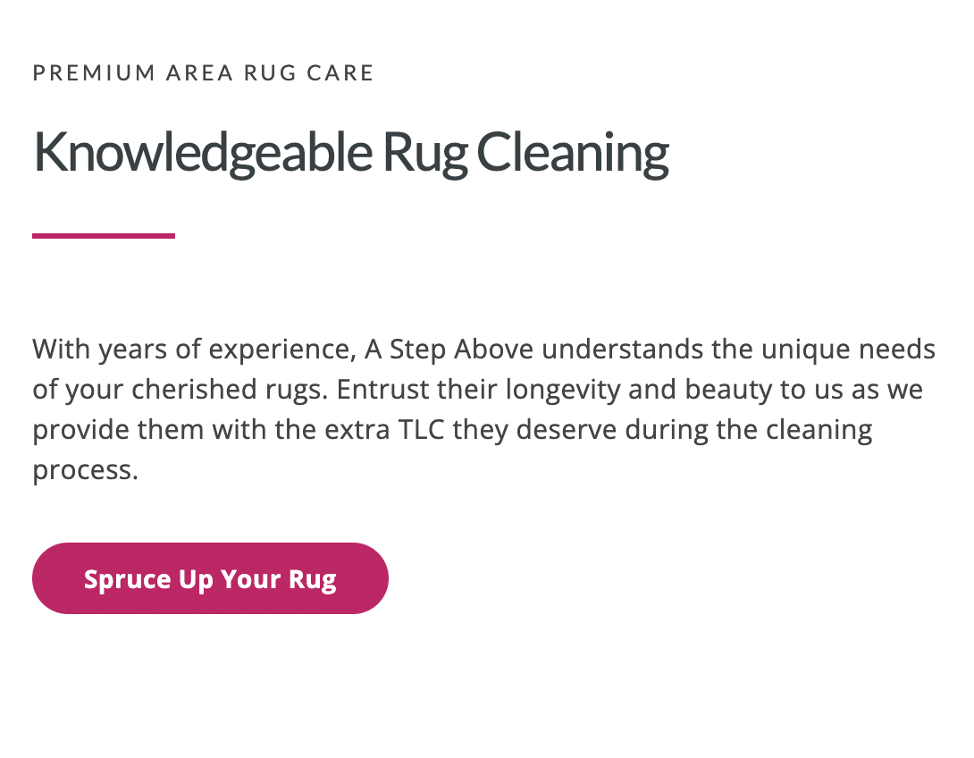 A Step Above Knowledgeable Rug Cleaning webpage content with pink Spruce Up Your Rug button.