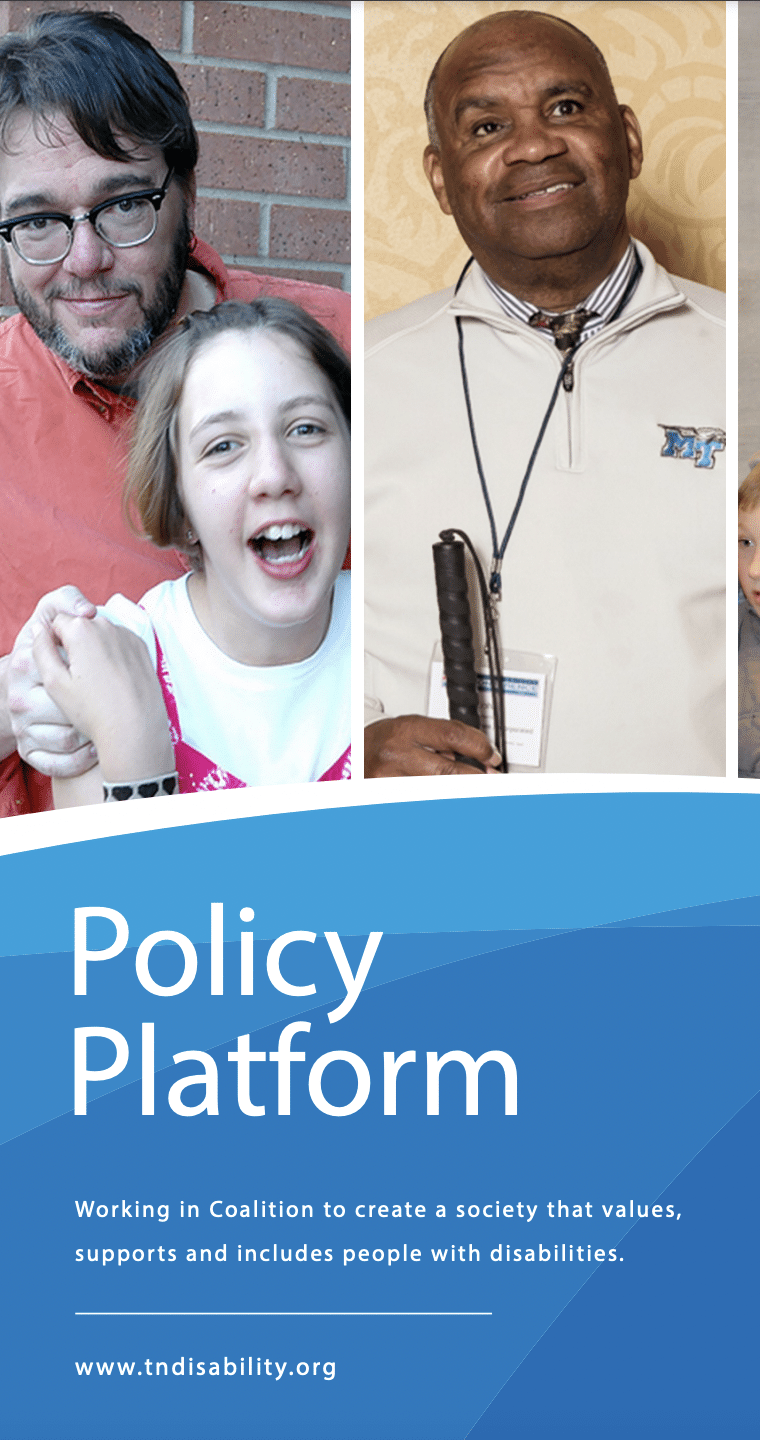 TNDIS webpage for policy platform, with two images side-by-side of a young person with an adult and an adult by themself.