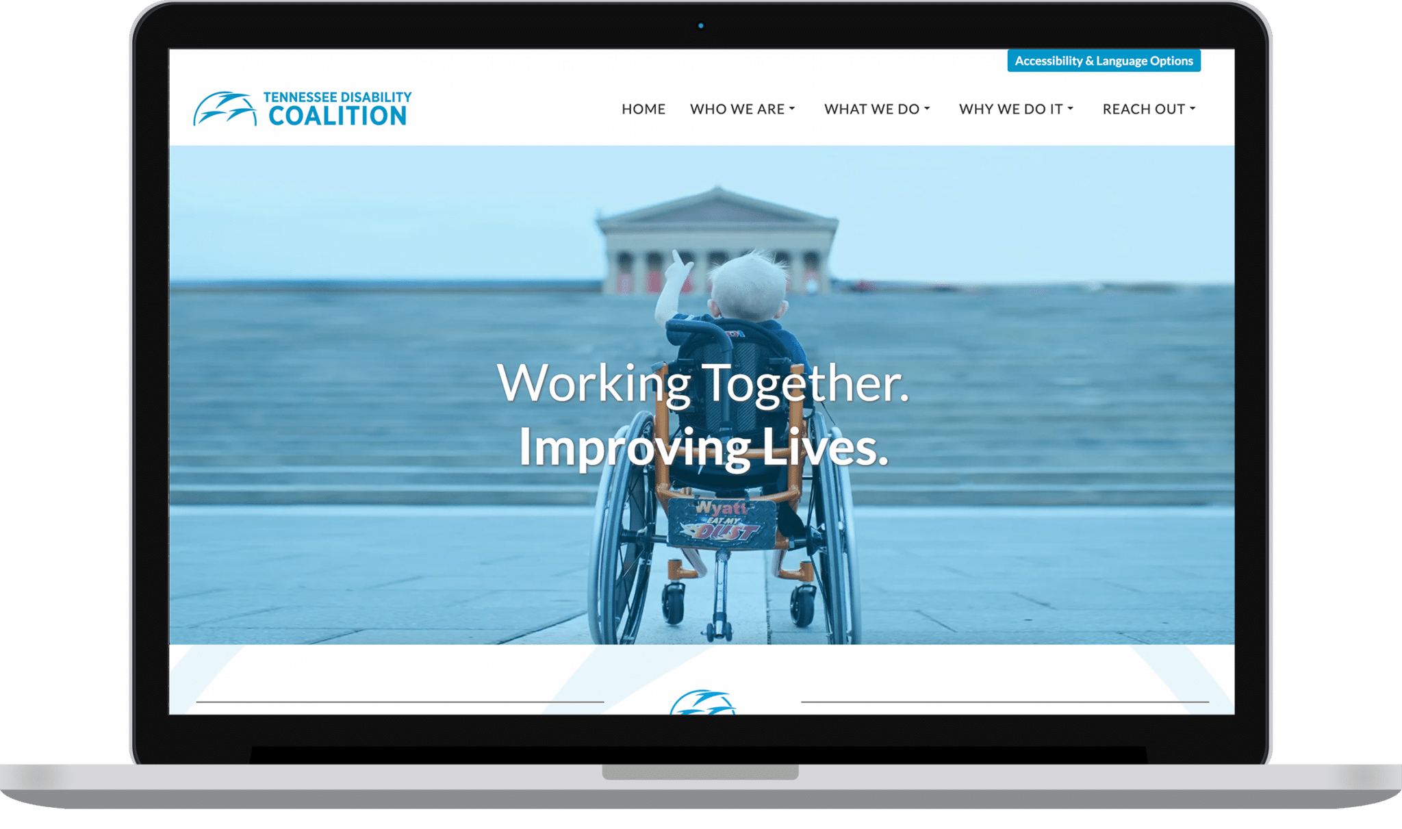 Tennessee Disability Coalition homepage displayed on a laptop screen.