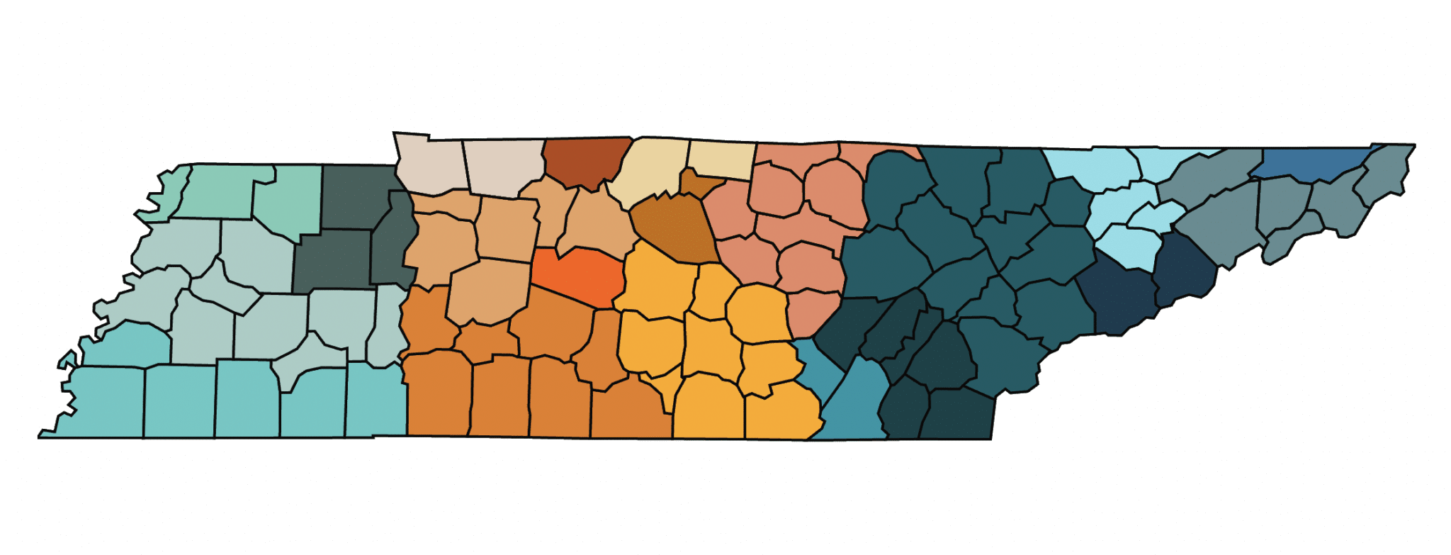 The state of Tennessee drawn and colored identifying the various regions of the state.