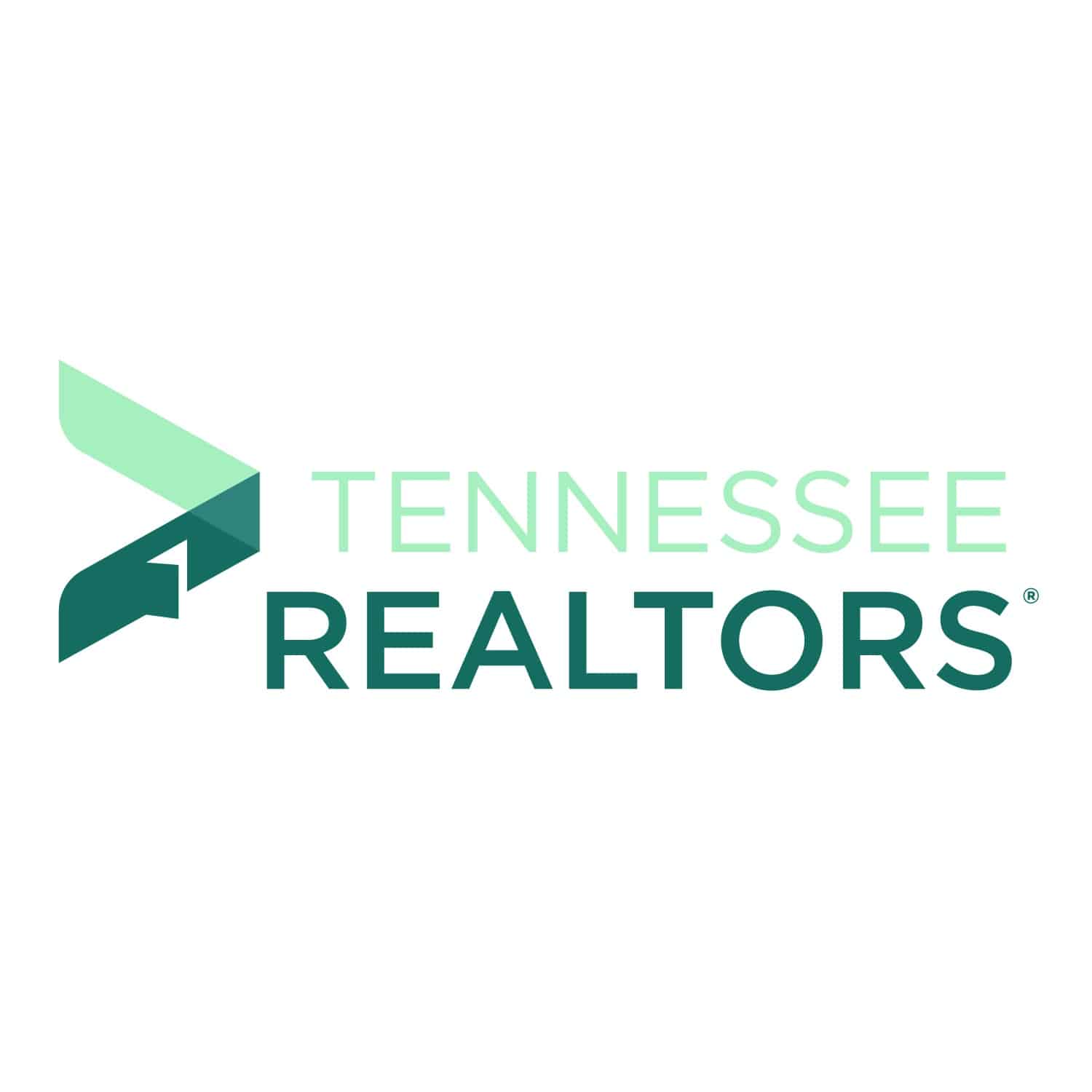 TENNESSEE REALTORS in dark and light teal on a white background with a vertical V at a side in the same colors.