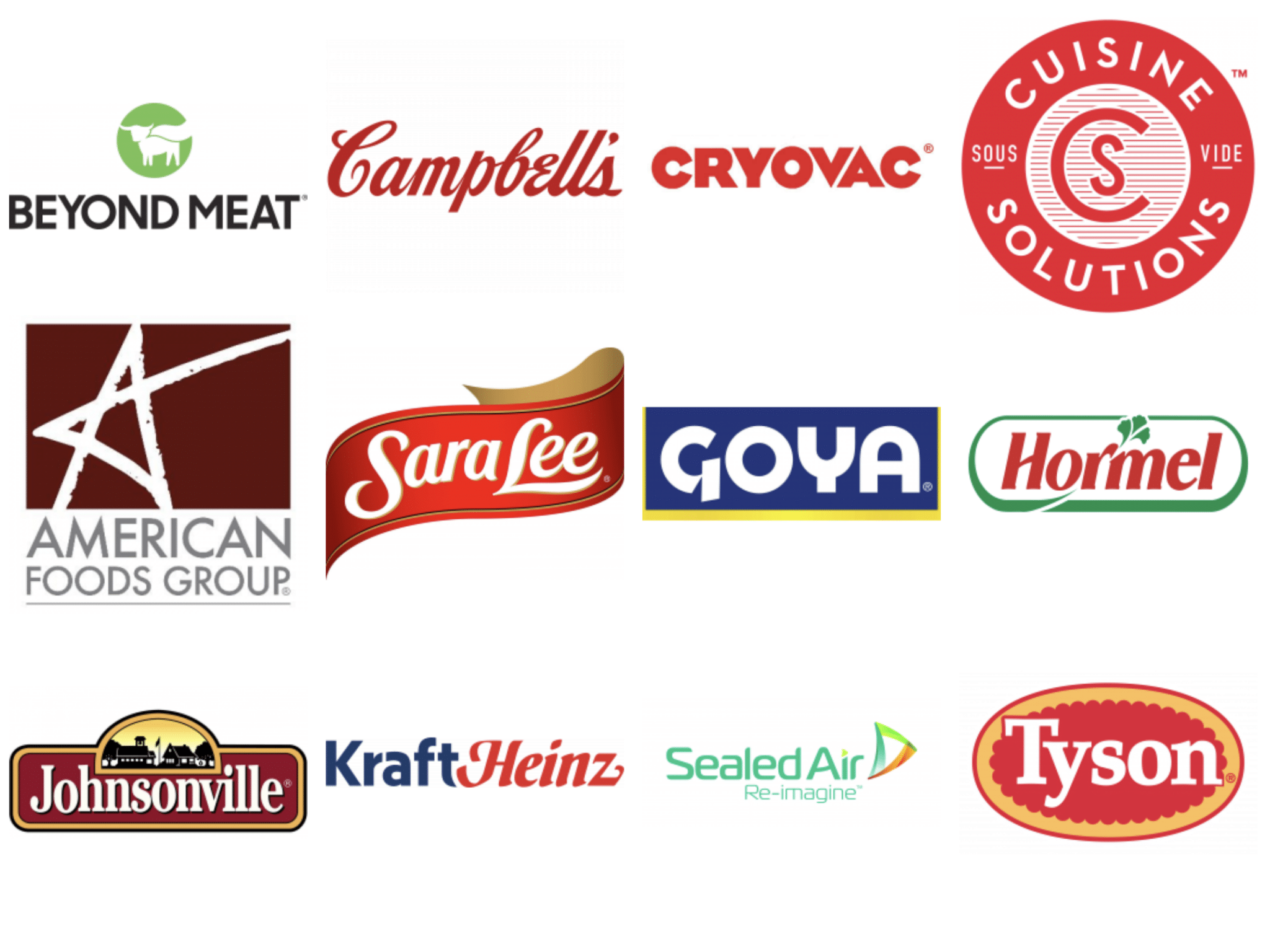Various food company brand logos like Sara Lee, Campbell's, Goya and Hormel in rows of four.
