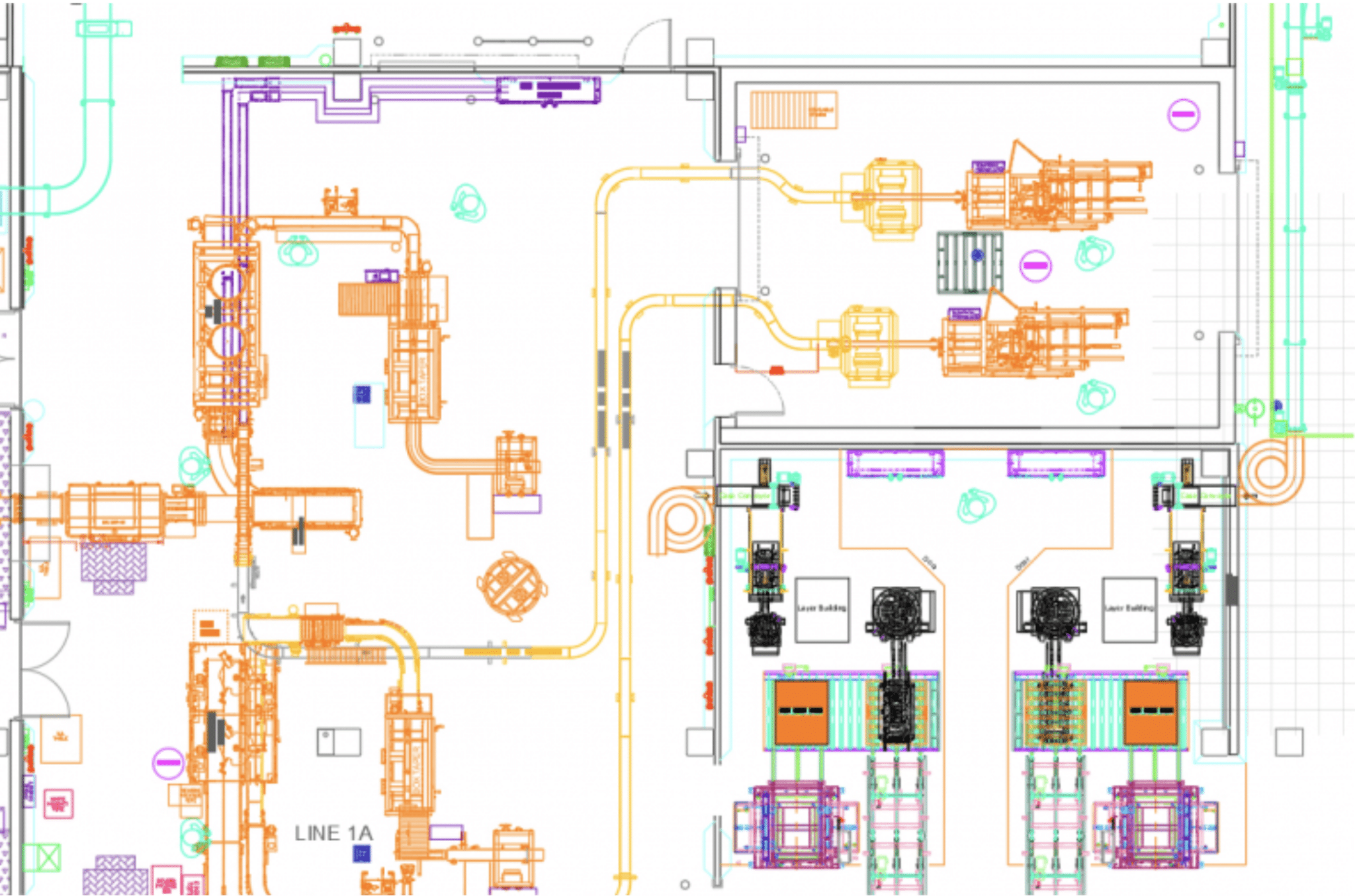 Colorful layout design plans for an industry building identifying doors, pipes, and other machinery.