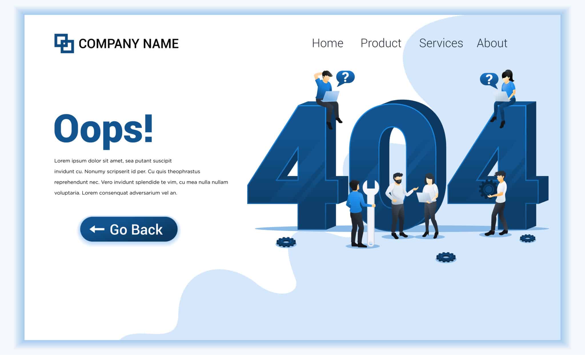 404 error page example with blue font and white background, people around the large 404 numbers.