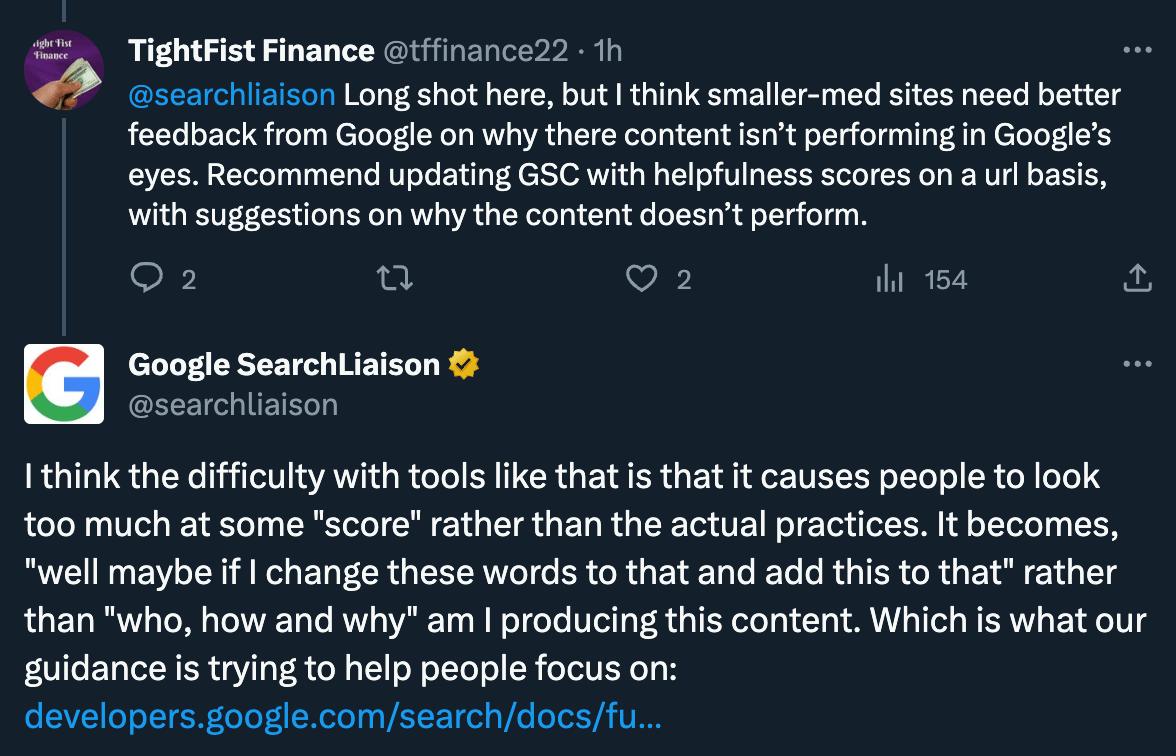 Screenshot of a post and comment on X (formerly Twitter) between TightFist Finance and GoogleSearchLisason about content 'score.'
