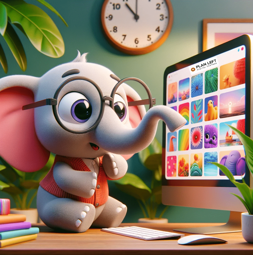 Animated image of a playful elephant wearing glasses, intently looking at a computer screen in a cozy room with a potted plant and a wall clock. The 'Plan Left' logo is discreetly placed in the scene.