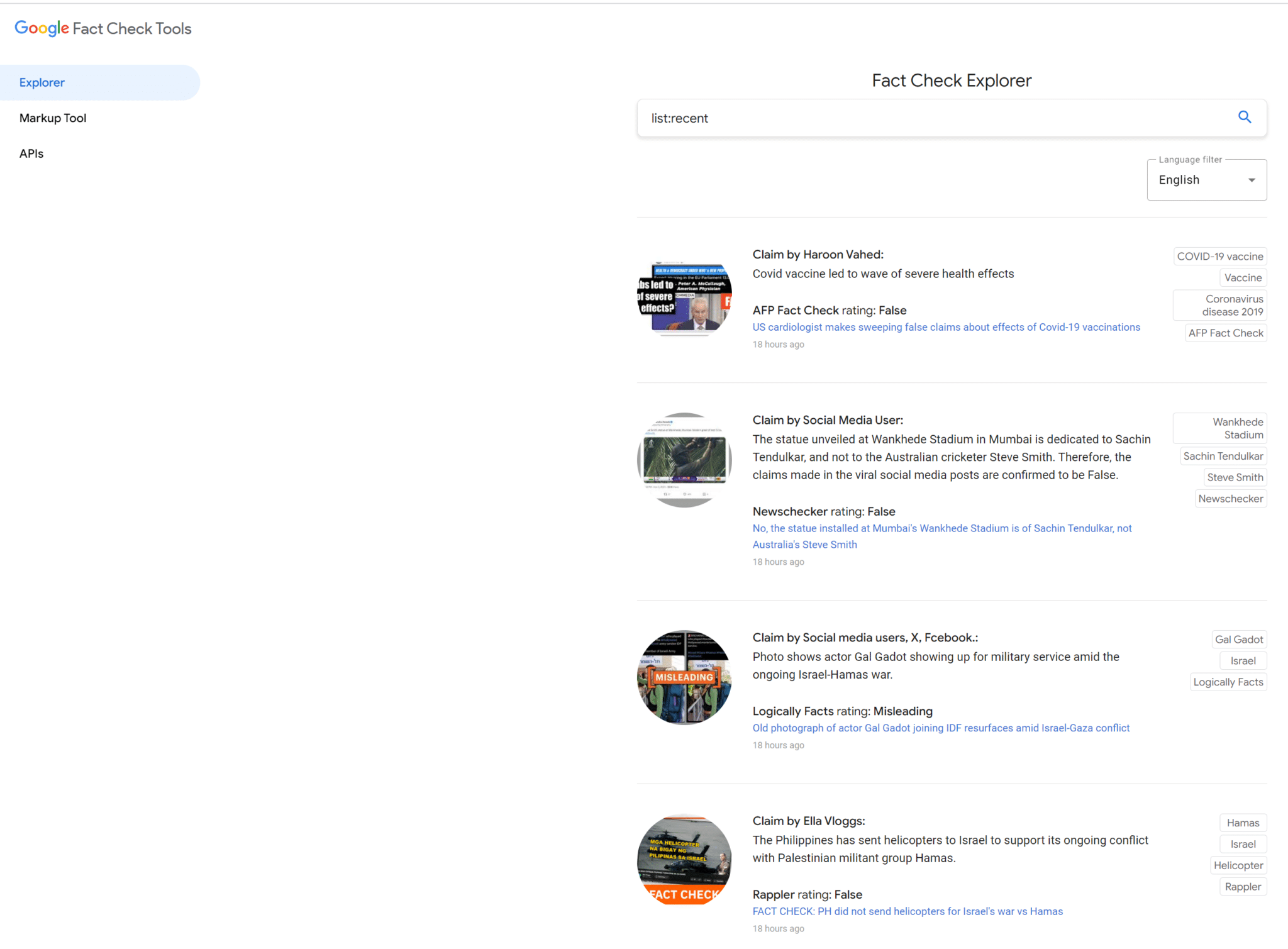 Google Fact Check Tools home page with a results menu of fact checked content with keywords for each. 